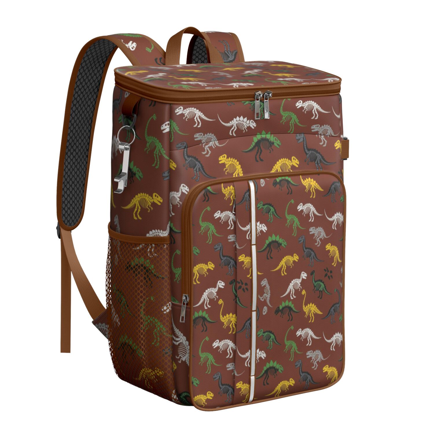 Travel Cooler Bag - Brown Cartoon Dinosaurs Fossils Pattern Camping Beer Cooler Backpack with Bottle Opener- Waterproof Insulated Picnic Backpacks - Cooler Bag for Beach