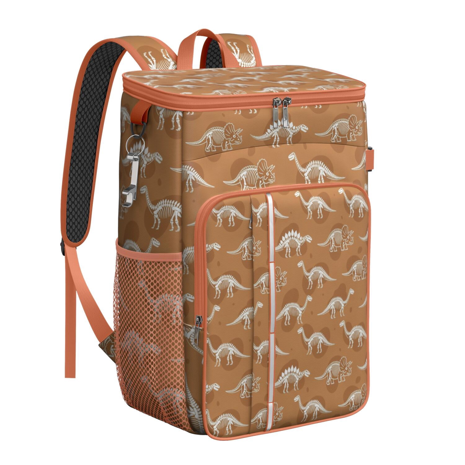 Travel Cooler Bag - Brown Cartoon Dinosaurs Skeletons Pattern Camping Beer Cooler Backpack with Bottle Opener- Waterproof Insulated Picnic Backpacks - Cooler Bag for Beach