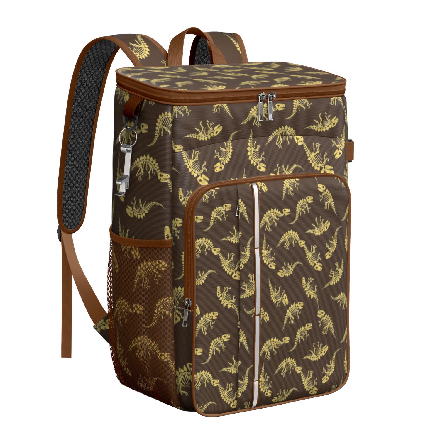 Travel Cooler Bag - Brown Cartoon Dinosaurs Skeletons Pattern Camping Beer Cooler Backpack with Bottle Opener- Waterproof Insulated Picnic Backpacks - Cooler Bag for Beach