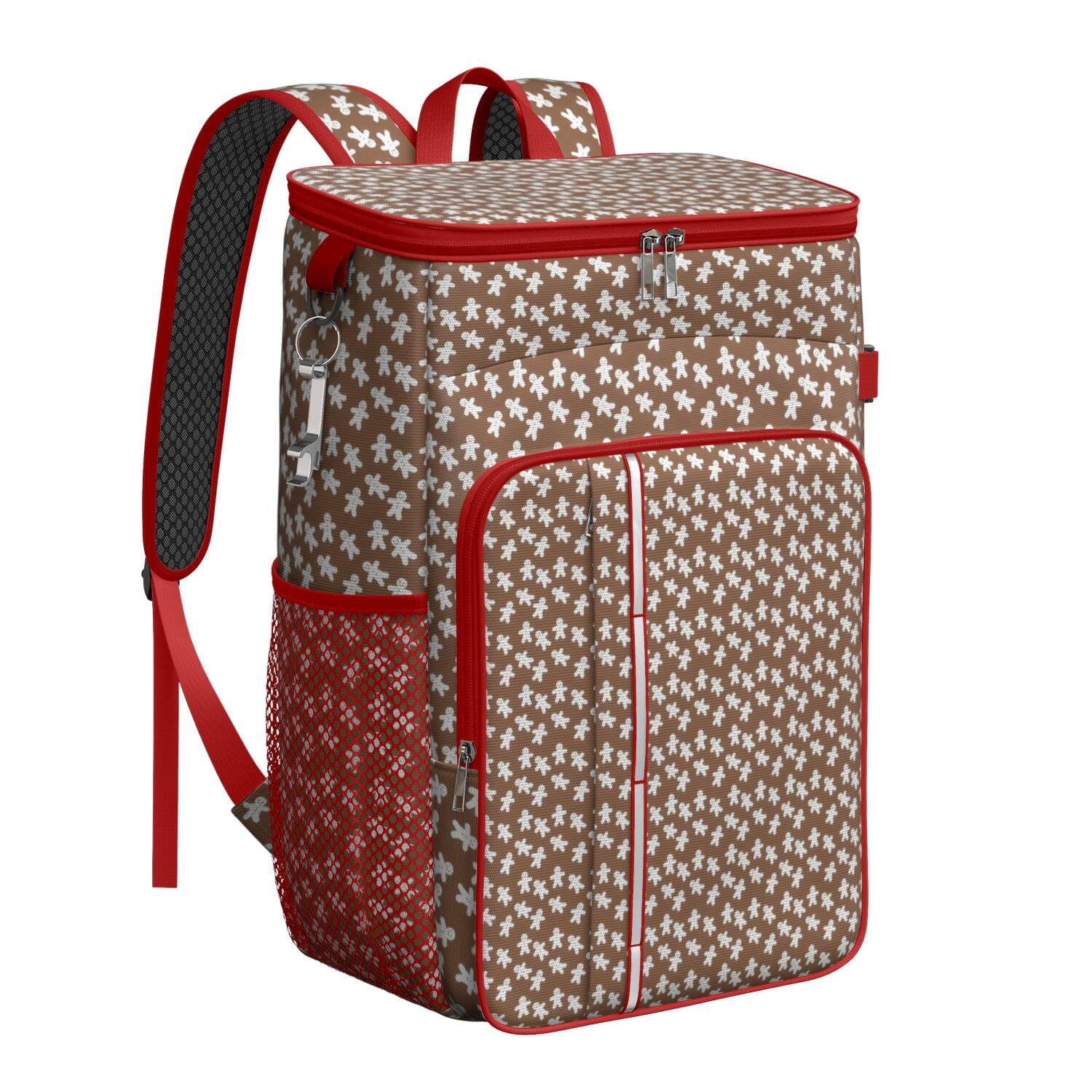 Travel Cooler Bag - Brown Christmas Gingerbread Pattern Camping Beer Cooler Backpack with Bottle Opener- Waterproof Insulated Picnic Backpacks - Cooler Bag for Beach
