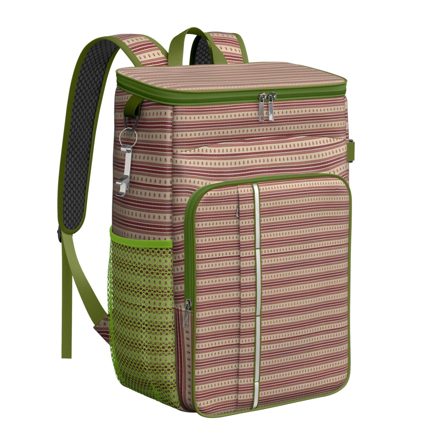 Travel Cooler Bag - Brown and Red Christmas Striped Pattern Camping Beer Cooler Backpack with Bottle Opener- Waterproof Insulated Picnic Backpacks - Cooler Bag for Beach