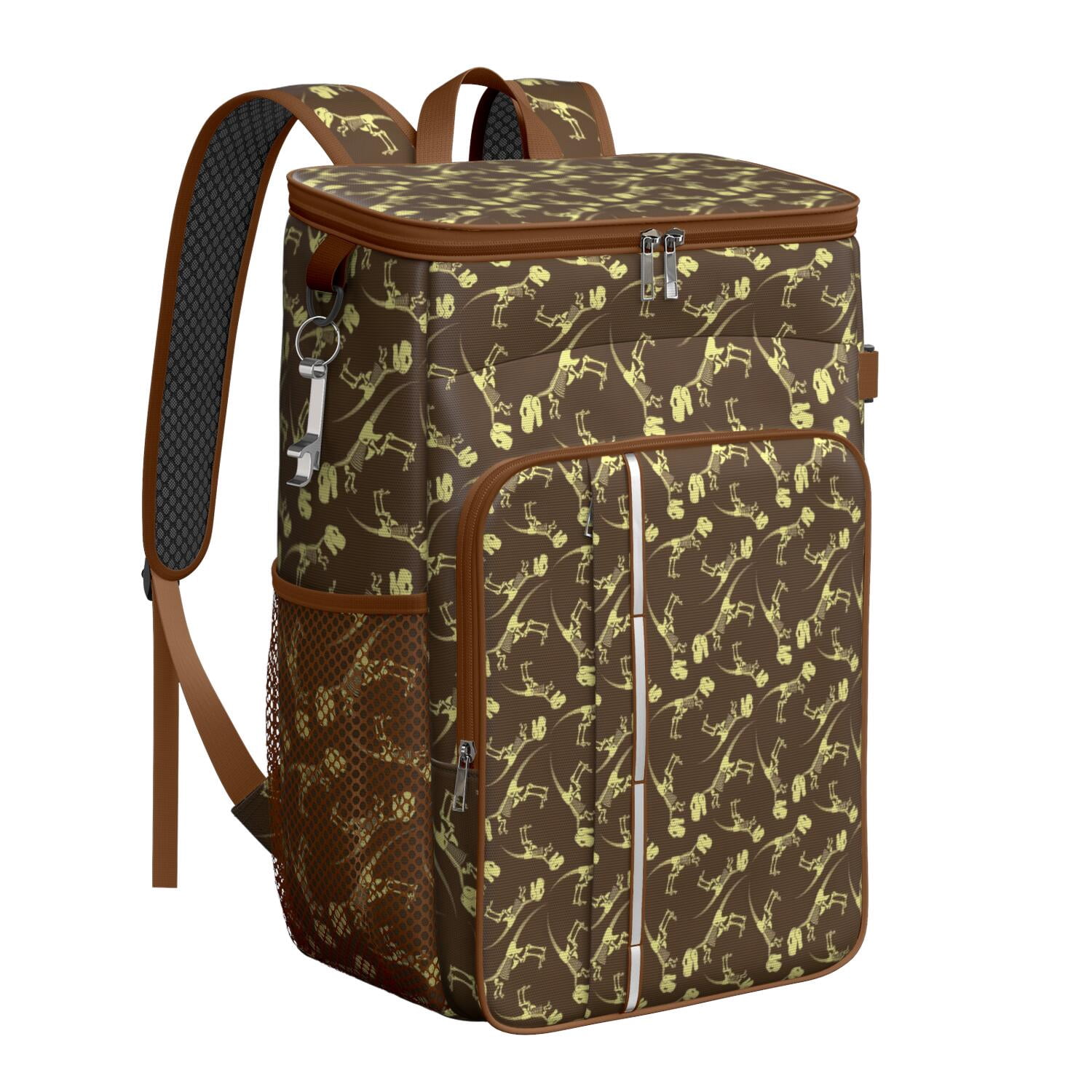 Travel Cooler Bag - Brown Yellow Dinosaurs Fossils Pattern Camping Beer Cooler Backpack with Bottle Opener- Waterproof Insulated Picnic Backpacks - Cooler Bag for Beach