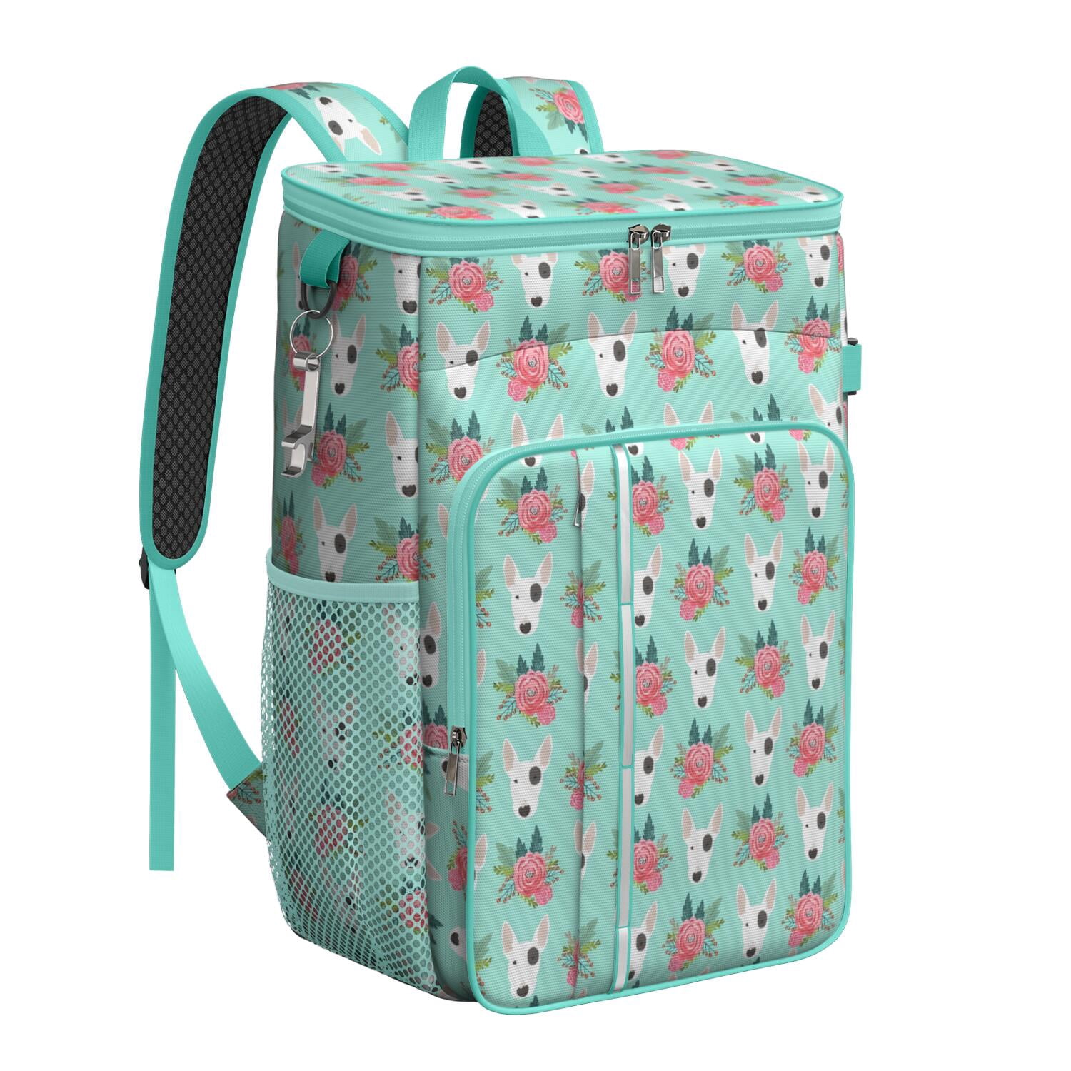 Travel Cooler Bag - Bull Terrier Dog and Flower Florals Camping Beer Cooler Backpack with Bottle Opener- Waterproof Insulated Picnic Backpacks - Cooler Bag for Beach