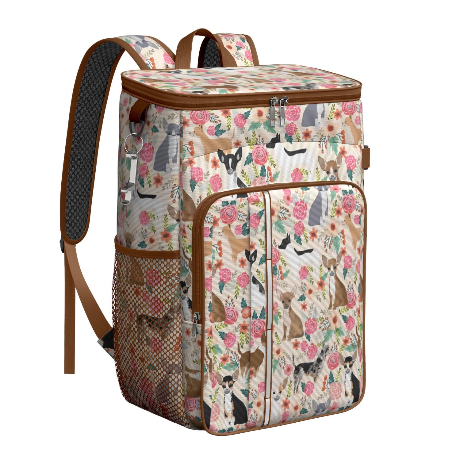 Travel Cooler Bag - Chihuahua Dog and Flower Camping Beer Cooler Backpack with Bottle Opener- Waterproof Insulated Picnic Backpacks - Cooler Bag for Beach