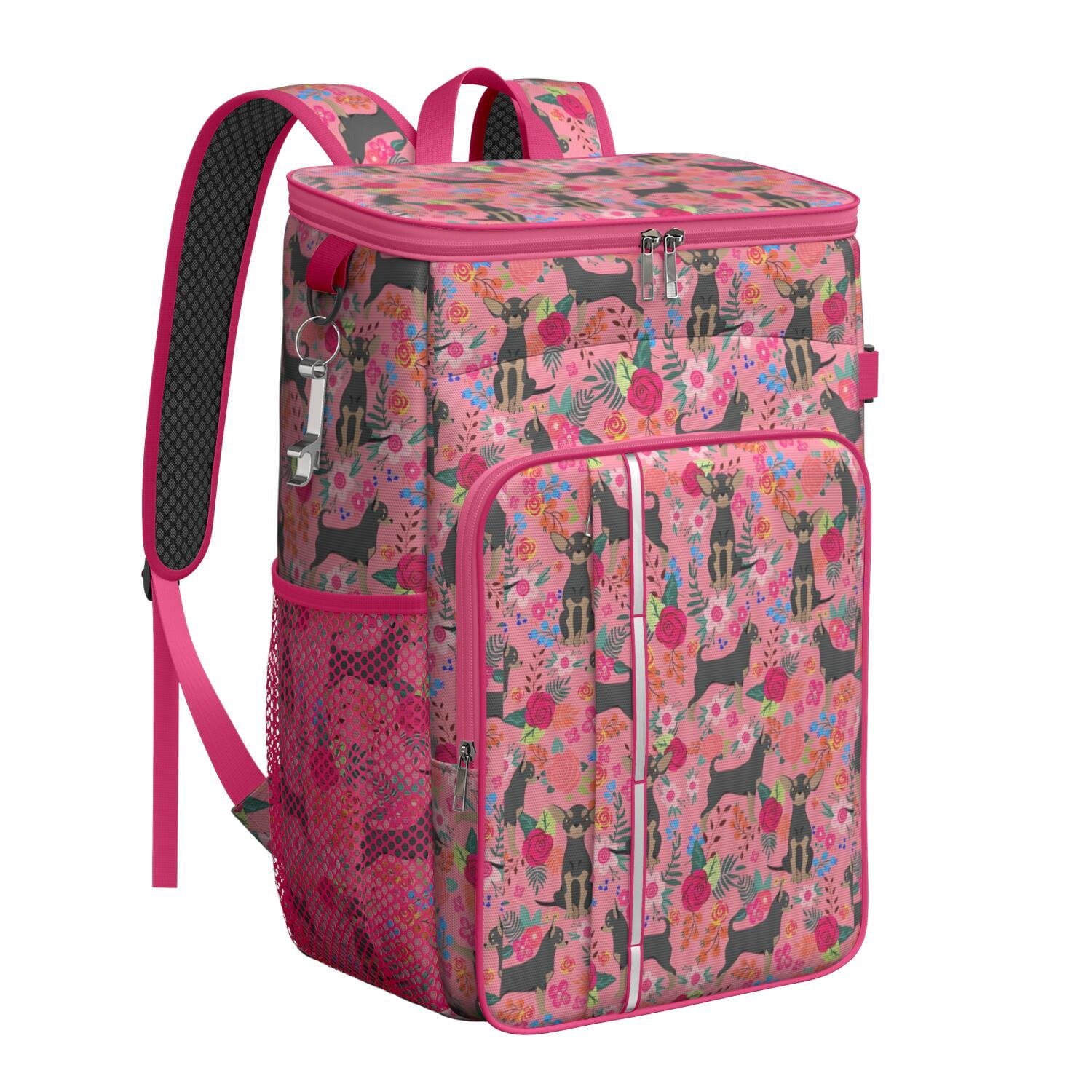 Travel Cooler Bag - Chihuahua and Flower Florals Camping Beer Cooler Backpack with Bottle Opener- Waterproof Insulated Picnic Backpacks - Cooler Bag for Beach