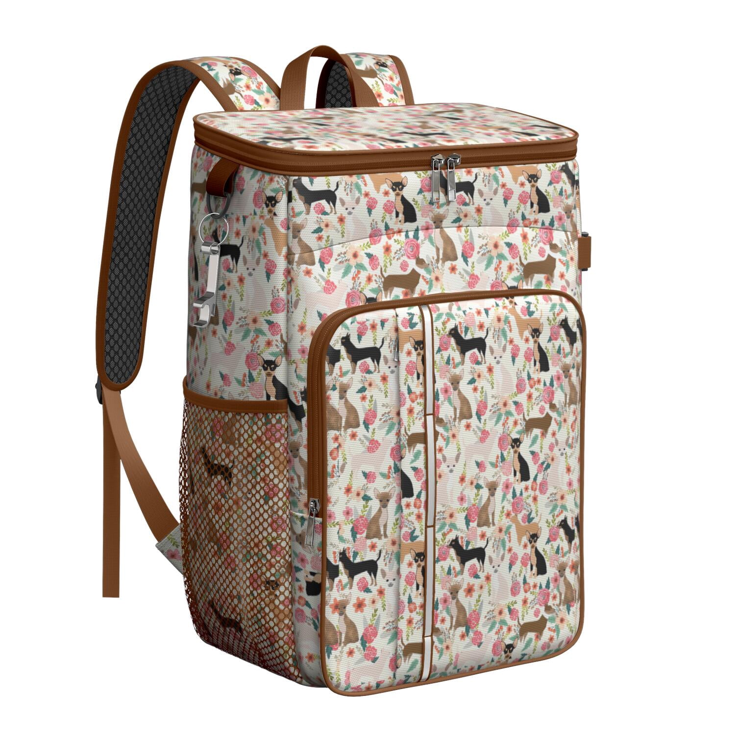 Travel Cooler Bag - Chihuahua and Flower Florals Camping Beer Cooler Backpack with Bottle Opener- Waterproof Insulated Picnic Backpacks - Cooler Bag for Beach