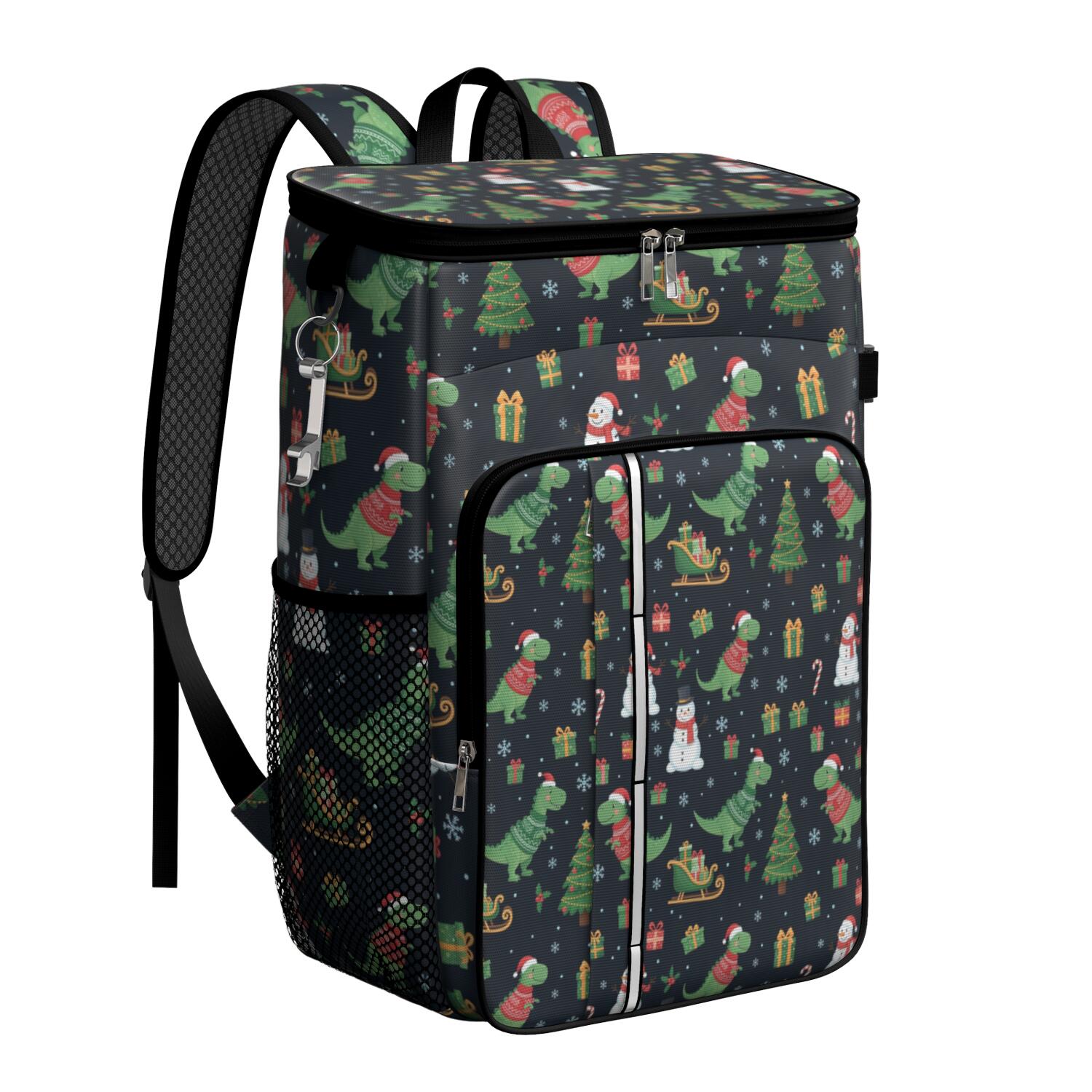 Travel Cooler Bag - Christmas Dinosaur Pattern Camping Beer Cooler Backpack with Bottle Opener- Waterproof Insulated Picnic Backpacks - Cooler Bag for Beach