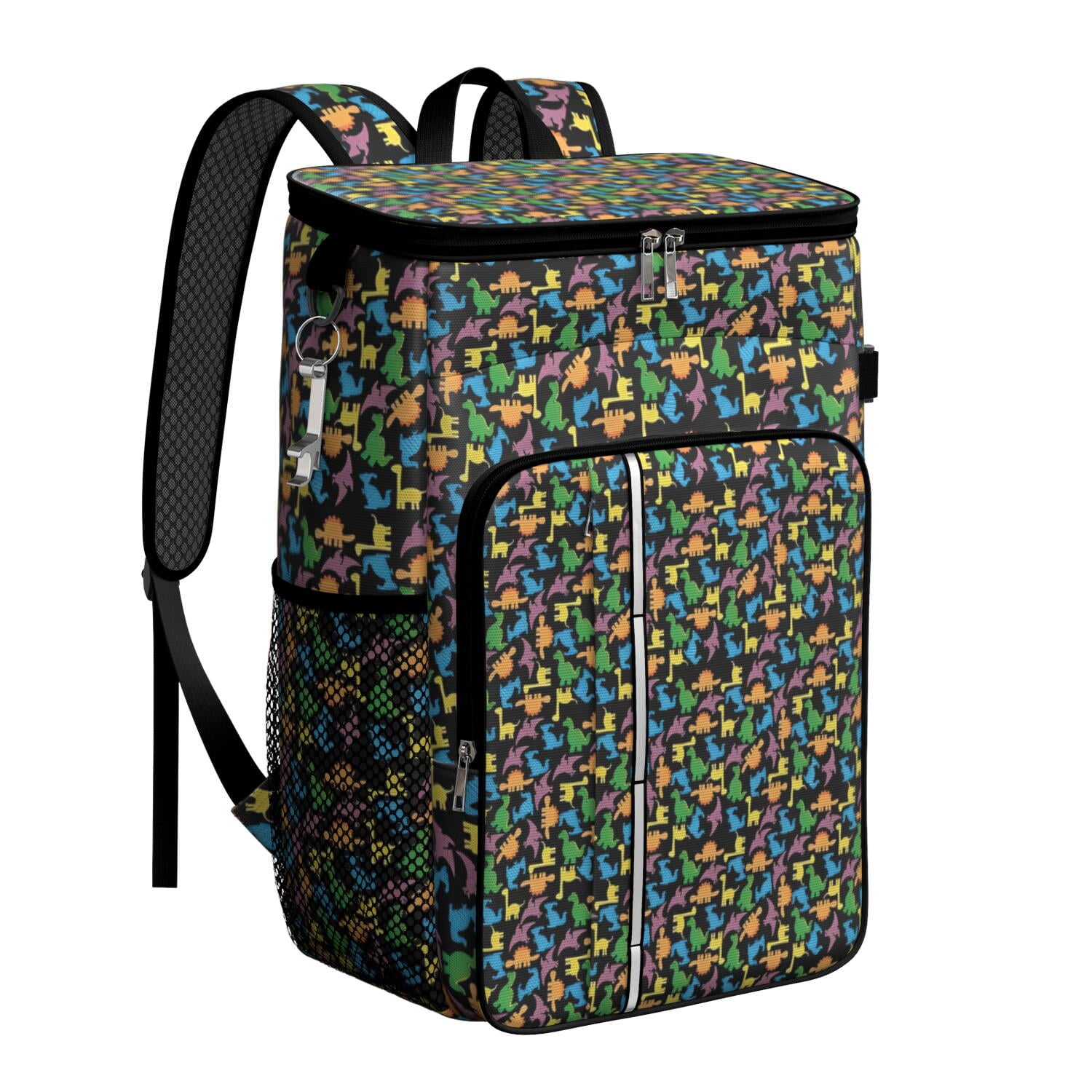 Travel Cooler Bag - Colorful Cartoon Dinosaurs SmallFigures Pattern Camping Beer Cooler Backpack with Bottle Opener- Waterproof Insulated Picnic Backpacks - Cooler Bag for Beach