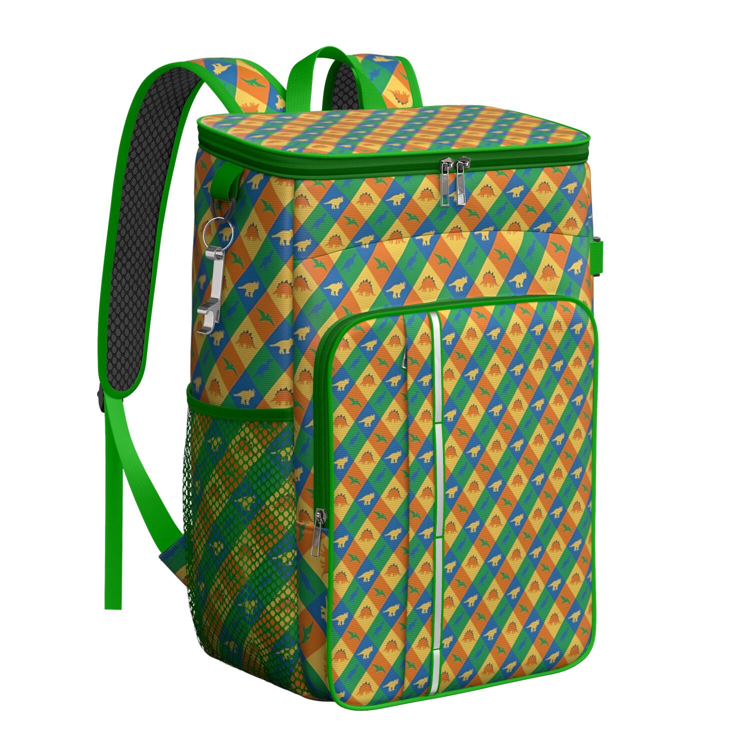 Travel Cooler Bag - Colorful Checkered Dinosaurs Pattern Camping Beer Cooler Backpack with Bottle Opener- Waterproof Insulated Picnic Backpacks - Cooler Bag for Beach