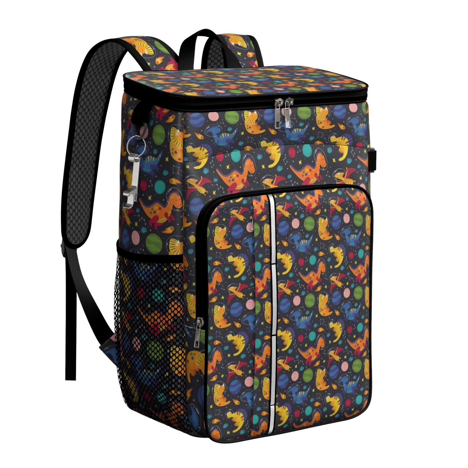 Travel Cooler Bag - Colorful Dinosaurs Astronauts Planets Pattern Camping Beer Cooler Backpack with Bottle Opener- Waterproof Insulated Picnic Backpacks - Cooler Bag for Beach