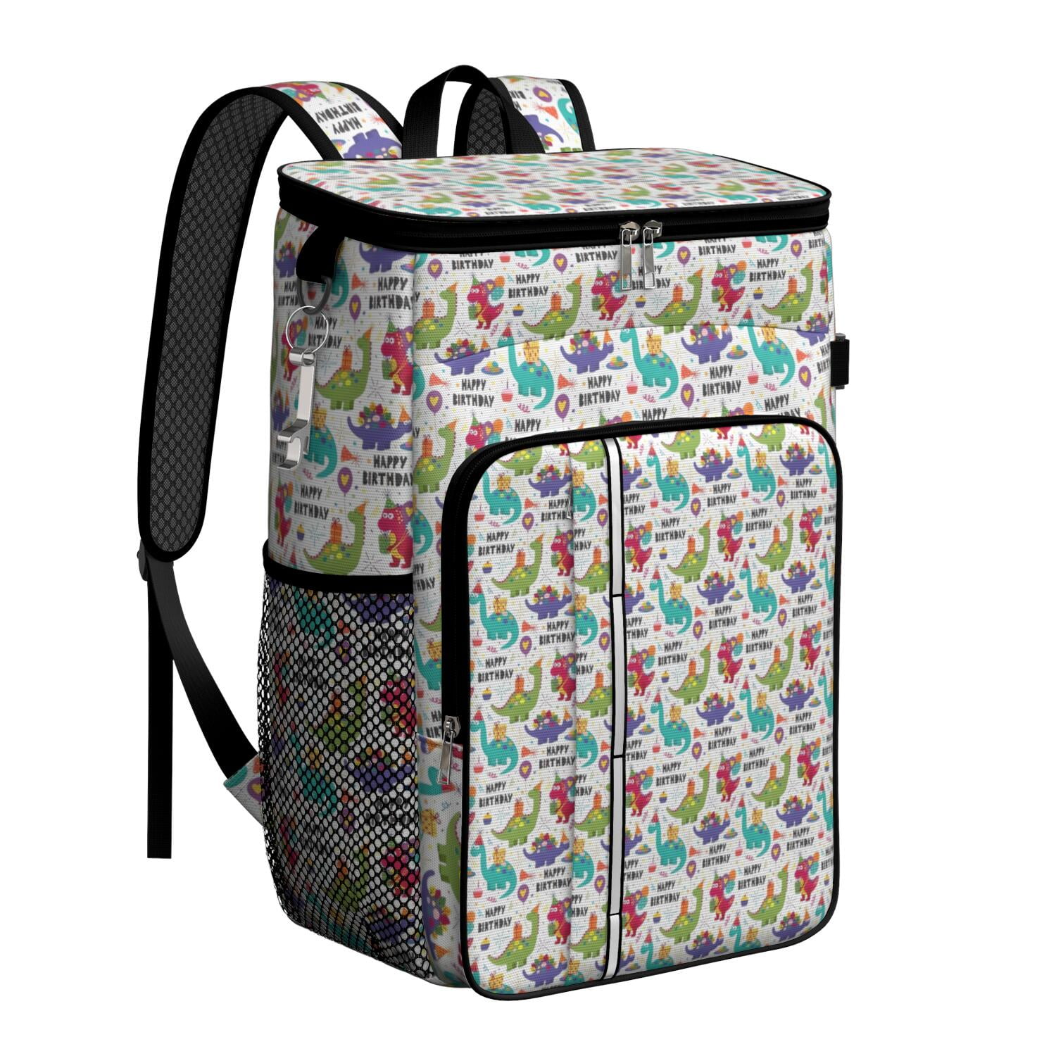 Travel Cooler Bag - Colorful Dinosaurs Birthday Text Pattern Camping Beer Cooler Backpack with Bottle Opener- Waterproof Insulated Picnic Backpacks - Cooler Bag for Beach