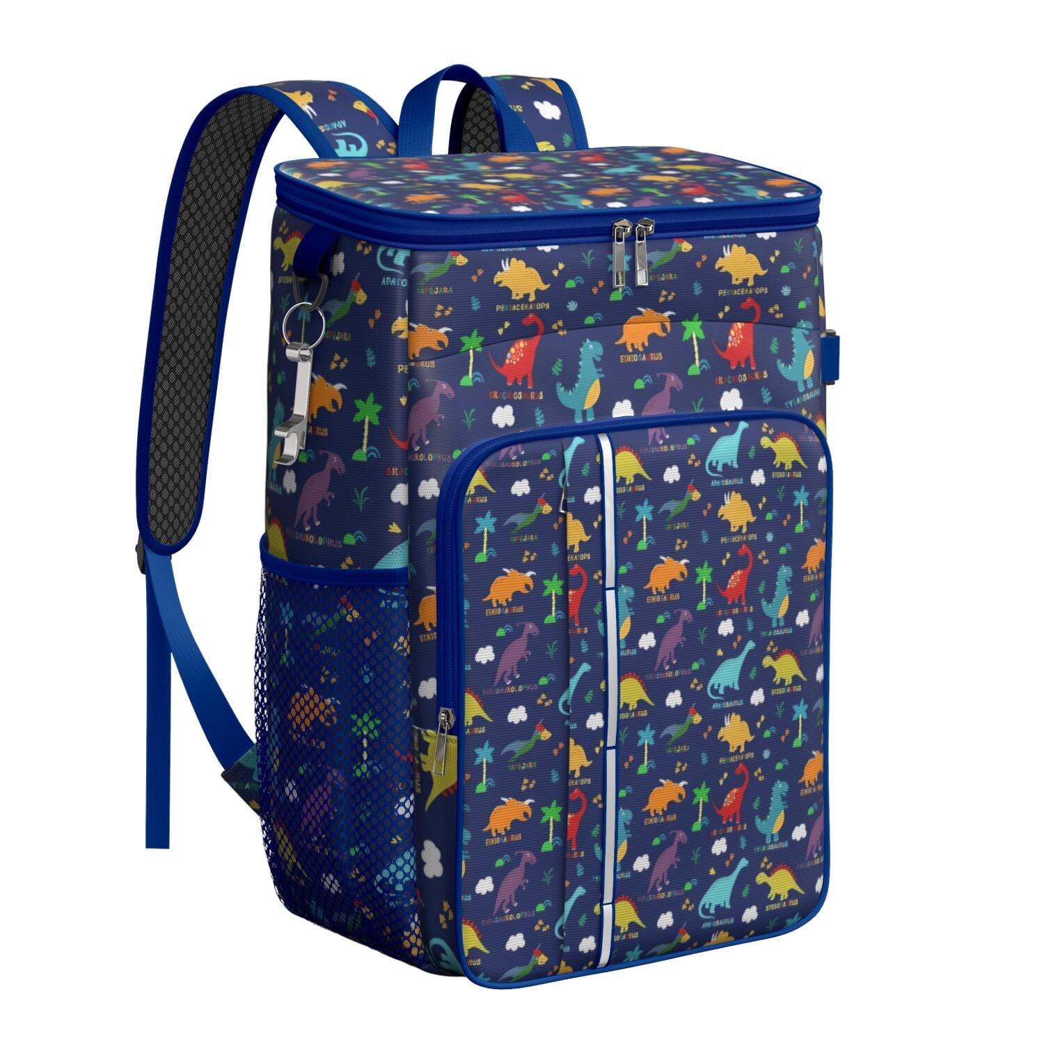 Travel Cooler Bag - Colorful Dinosaurs Names Palms Clouds Pattern Camping Beer Cooler Backpack with Bottle Opener- Waterproof Insulated Picnic Backpacks - Cooler Bag for Beach