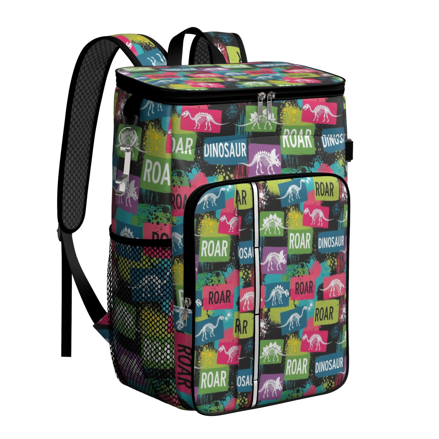 Travel Cooler Bag - Colorful Dinosaurs Skeletons Text Pattern Camping Beer Cooler Backpack with Bottle Opener- Waterproof Insulated Picnic Backpacks - Cooler Bag for Beach