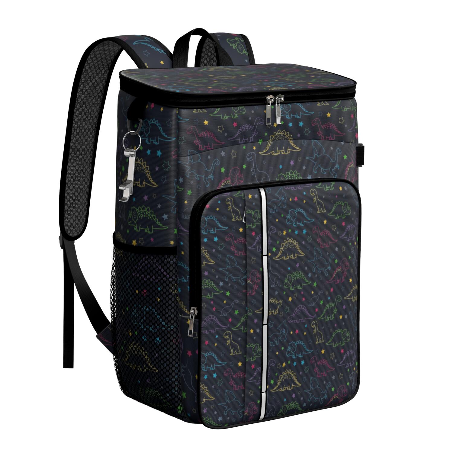 Travel Cooler Bag - Colorful Doodle Dinosaurs Dark Pattern Camping Beer Cooler Backpack with Bottle Opener- Waterproof Insulated Picnic Backpacks - Cooler Bag for Beach