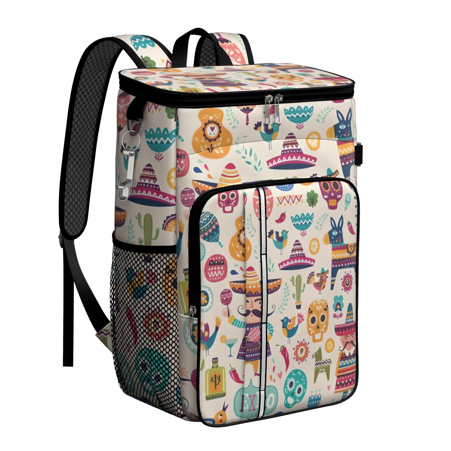 Travel Cooler Bag - Colorful Mexican Elements Camping Beer Cooler Backpack with Bottle Opener- Waterproof Insulated Picnic Backpacks - Cooler Bag for Beach