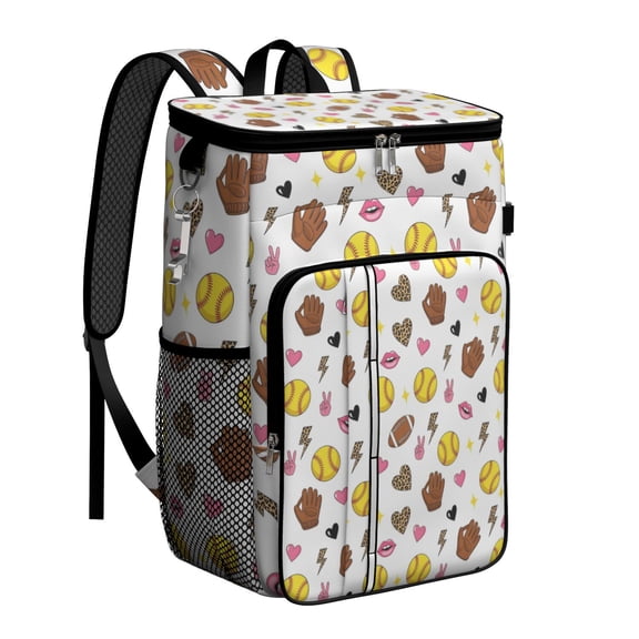 Travel Cooler Bag - Colorful Softball and Fashion Icons Pattern Camping Beer Cooler Backpack with Bottle Opener- Waterproof Insulated Picnic Backpacks - Cooler Bag for Beach