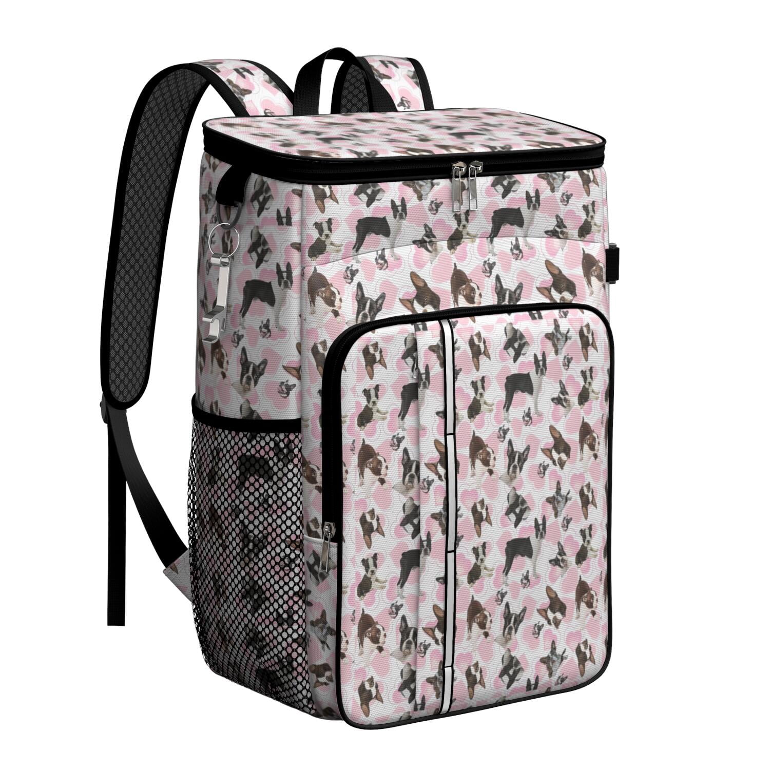 Travel Cooler Bag - Cute Boston Terrier Dog and Pink Love Heart Camping Beer Cooler Backpack with Bottle Opener- Waterproof Insulated Picnic Backpacks - Cooler Bag for Beach
