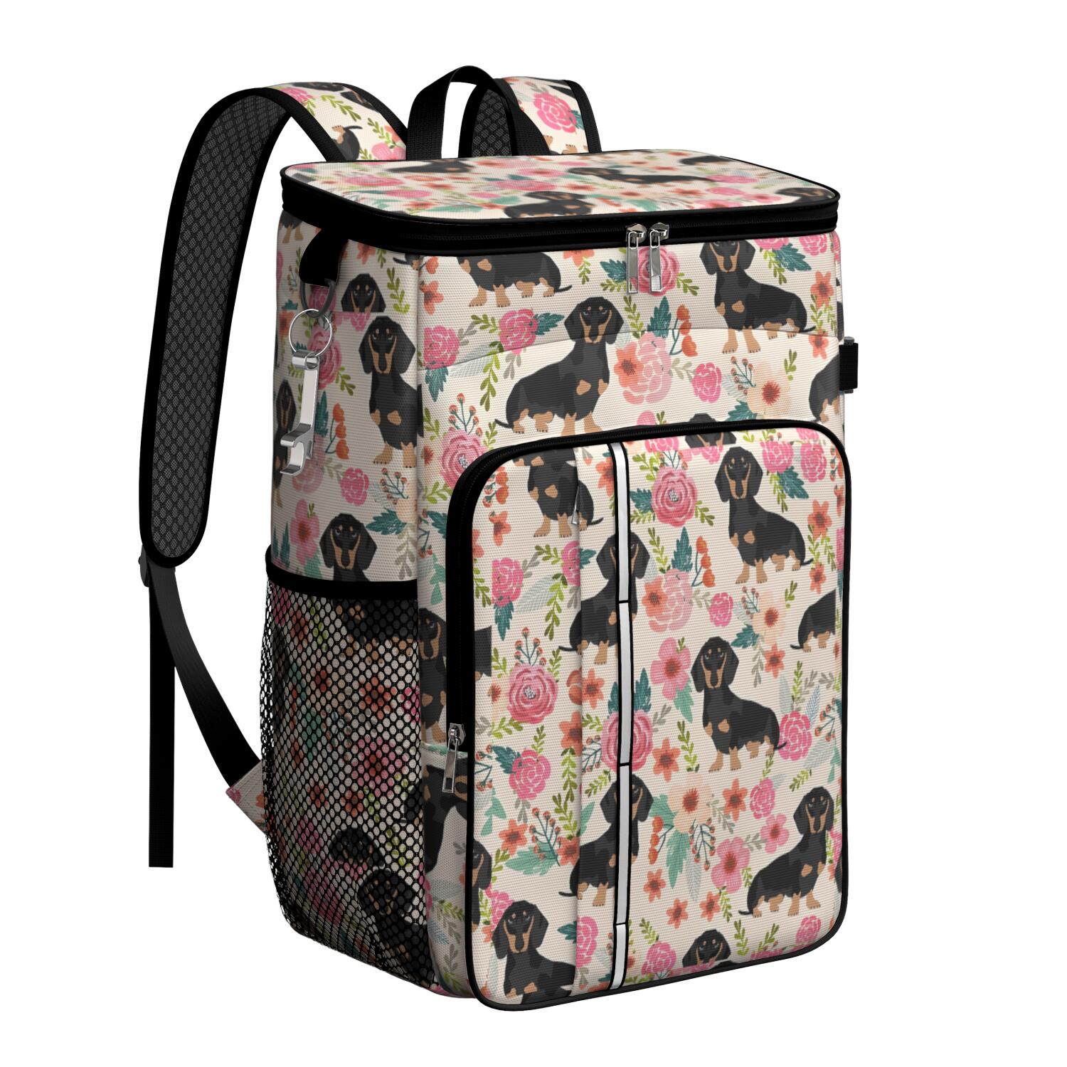 Travel Cooler Bag - Dachshund and Flower Camping Beer Cooler Backpack with Bottle Opener- Waterproof Insulated Picnic Backpacks - Cooler Bag for Beach