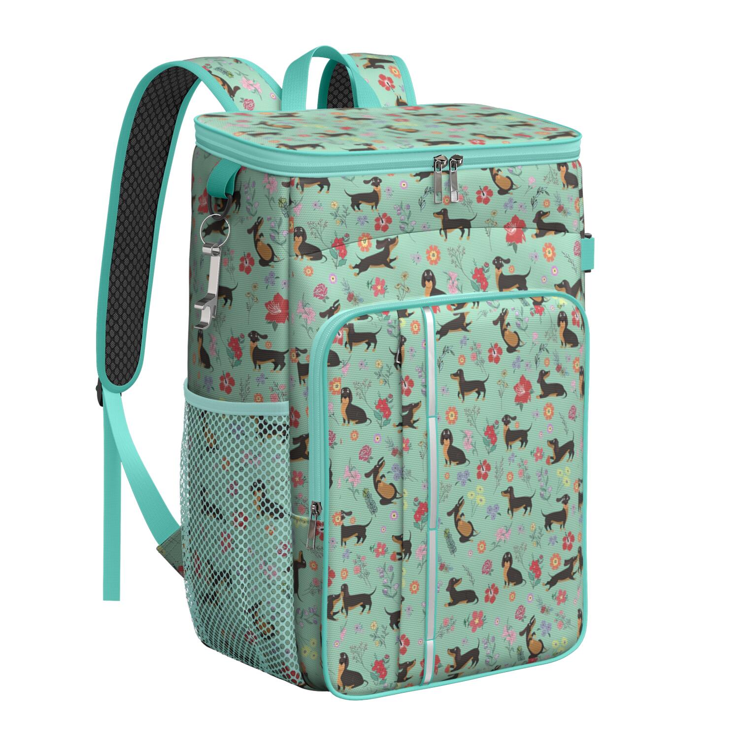 Travel Cooler Bag - Dachshunds and Flowers Camping Beer Cooler Backpack with Bottle Opener- Waterproof Insulated Picnic Backpacks - Cooler Bag for Beach