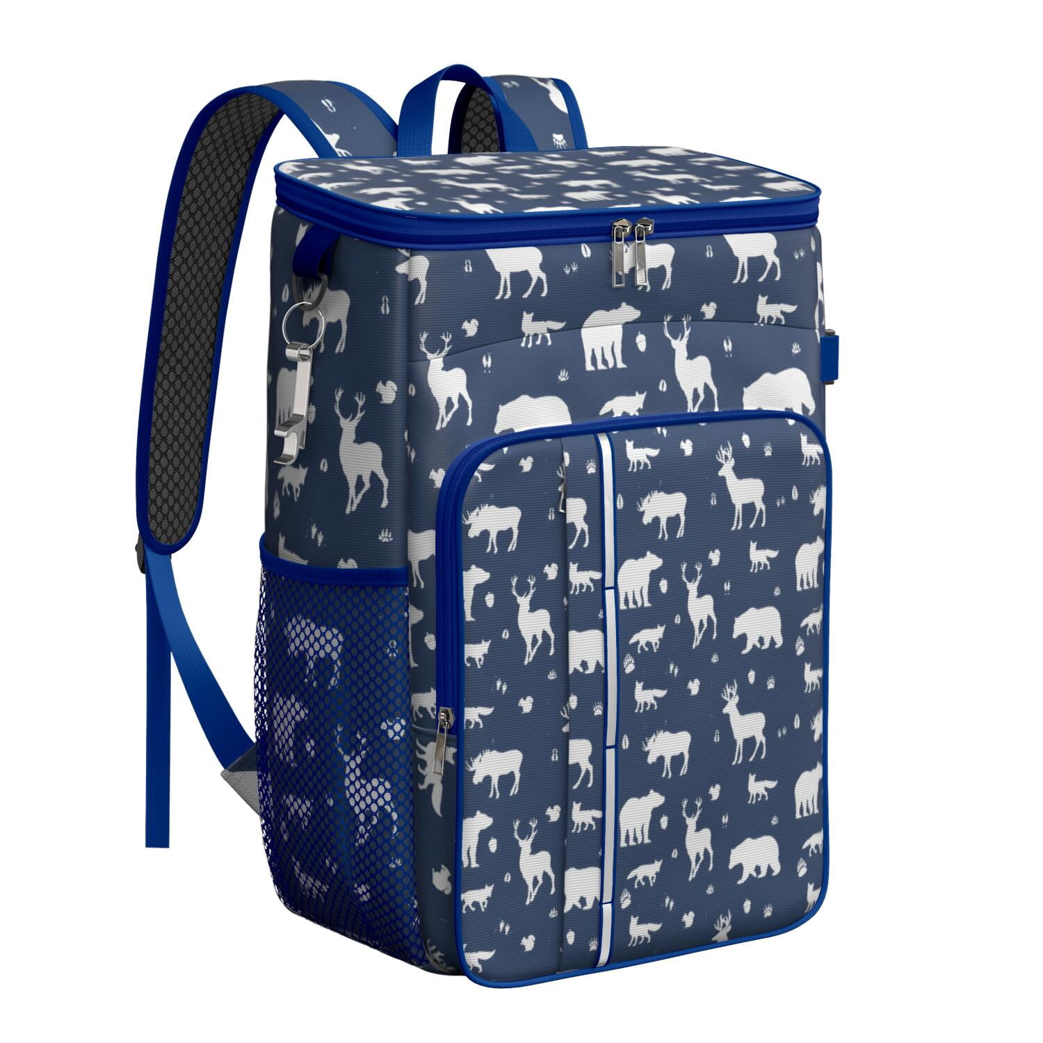 Travel Cooler Bag - Dark Blue Christmas Animal Pattern Camping Beer Cooler Backpack with Bottle Opener- Waterproof Insulated Picnic Backpacks - Cooler Bag for Beach
