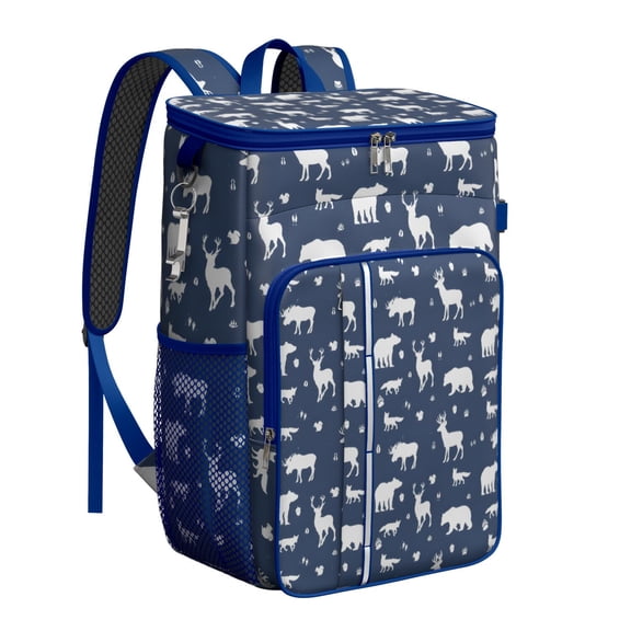 Travel Cooler Bag - Dark Blue Christmas Animal Pattern Camping Beer Cooler Backpack with Bottle Opener- Waterproof Insulated Picnic Backpacks - Cooler Bag for Beach