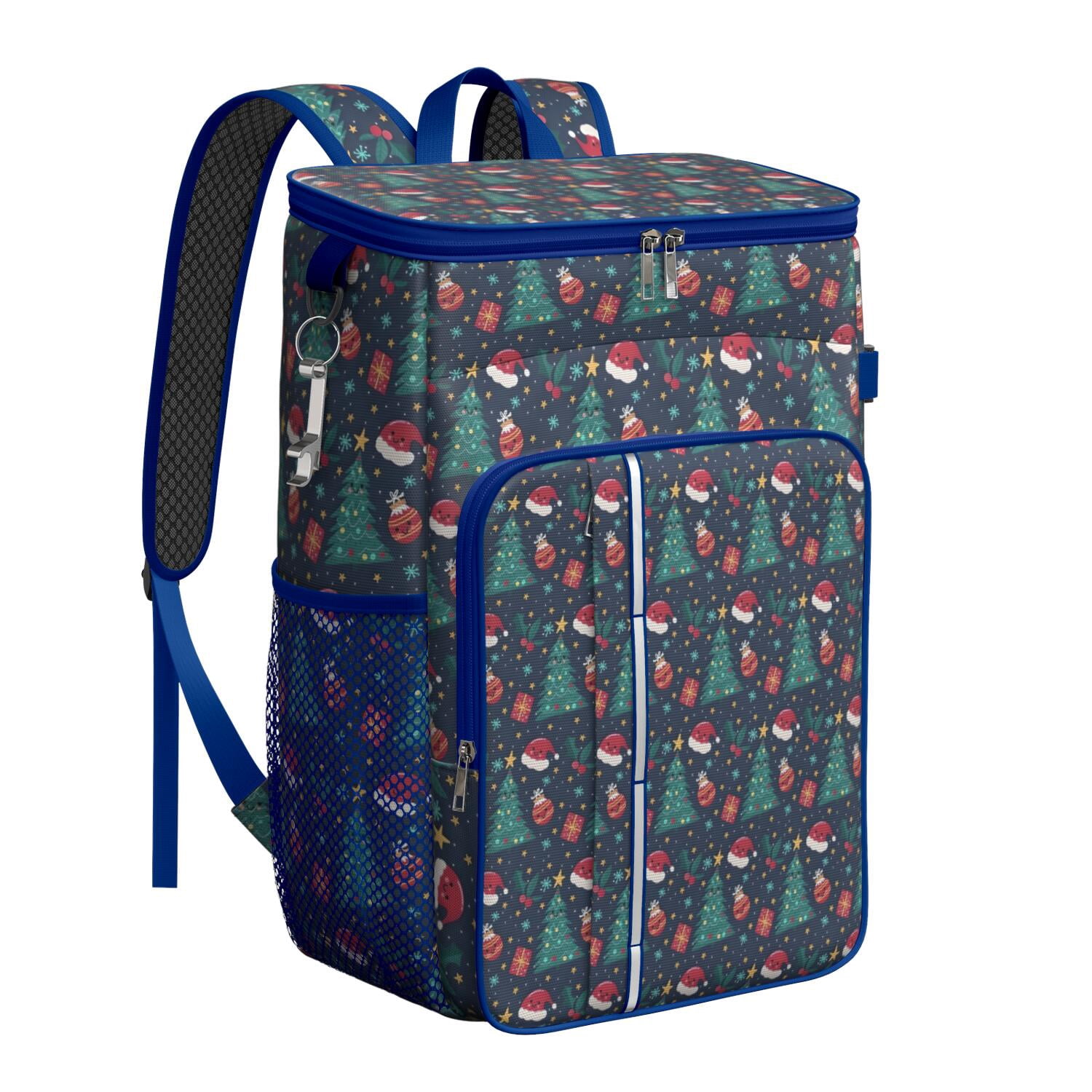 Travel Cooler Bag - Dark Blue Christmas Pattern Camping Beer Cooler Backpack with Bottle Opener- Waterproof Insulated Picnic Backpacks - Cooler Bag for Beach