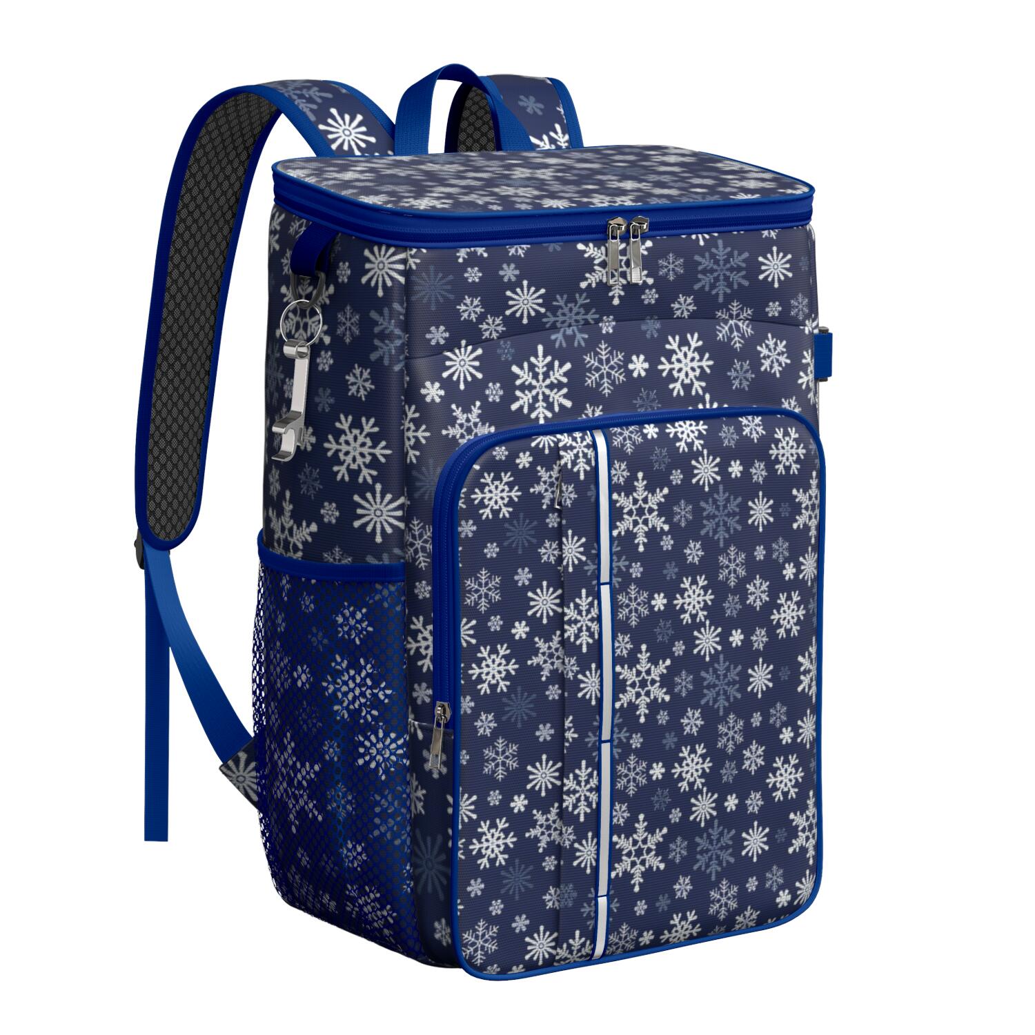 Travel Cooler Bag - Dark Blue Christmas Snowflake Pattern Camping Beer Cooler Backpack with Bottle Opener- Waterproof Insulated Picnic Backpacks - Cooler Bag for Beach