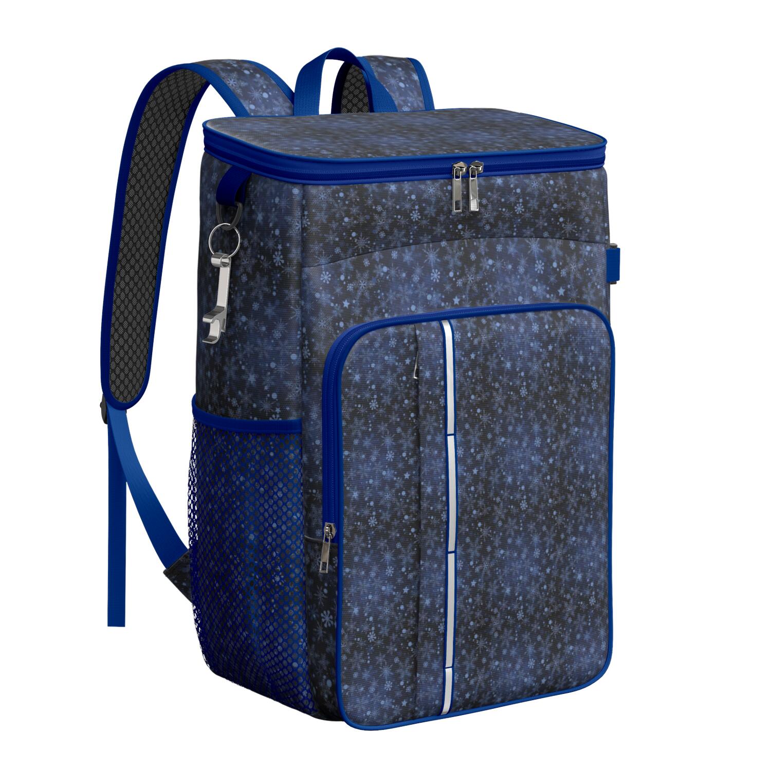 Travel Cooler Bag - Dark Blue Christmas Snowflake Pattern Camping Beer Cooler Backpack with Bottle Opener- Waterproof Insulated Picnic Backpacks - Cooler Bag for Beach