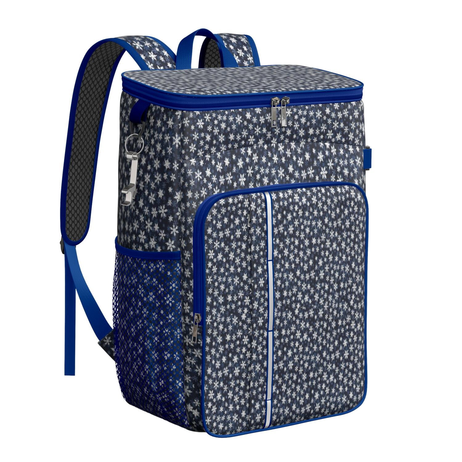 Travel Cooler Bag - Dark Blue Christmas Snowflake Pattern Camping Beer Cooler Backpack with Bottle Opener- Waterproof Insulated Picnic Backpacks - Cooler Bag for Beach