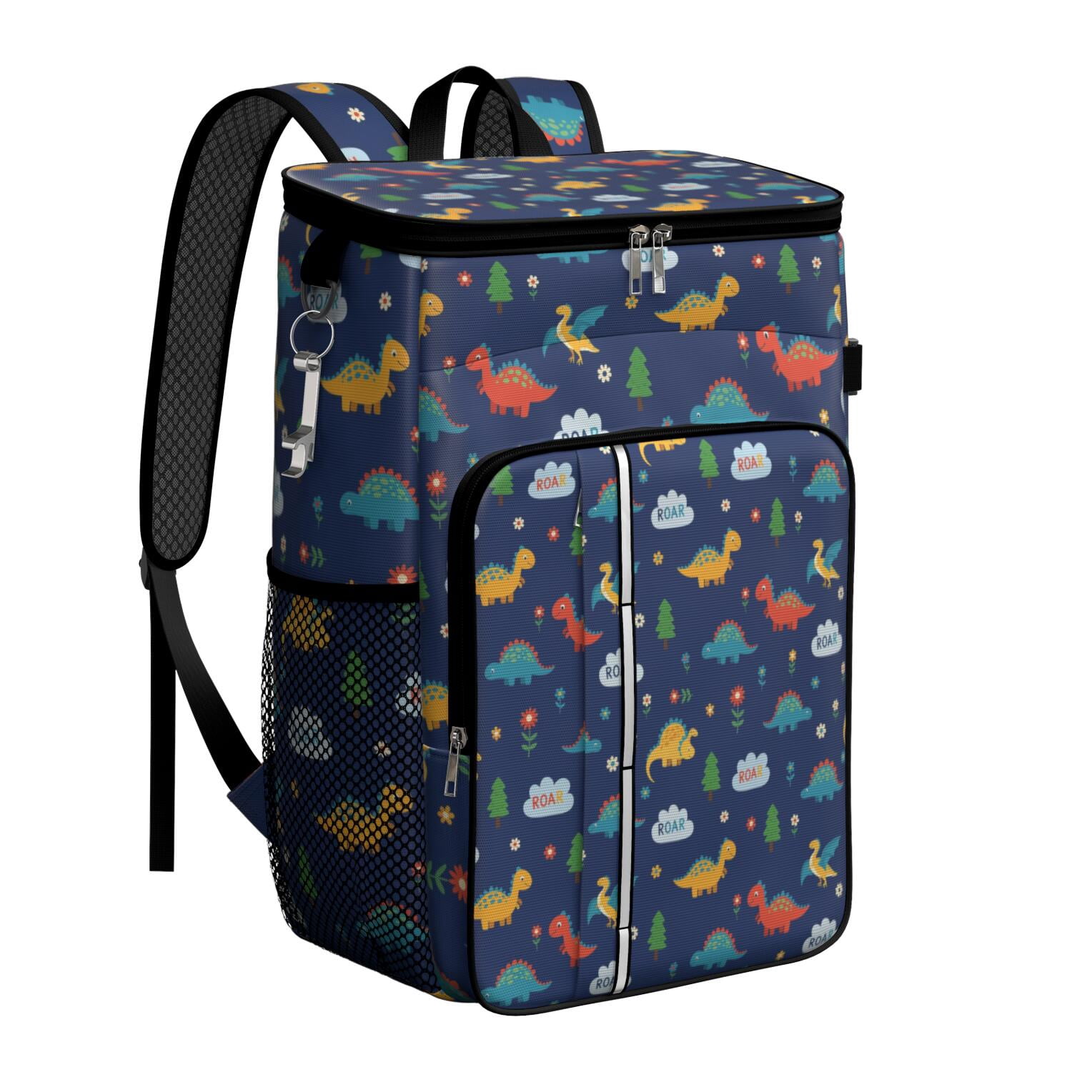 Travel Cooler Bag - Dark Blue Dinosaurs ROAR Pattern Camping Beer Cooler Backpack with Bottle Opener- Waterproof Insulated Picnic Backpacks - Cooler Bag for Beach