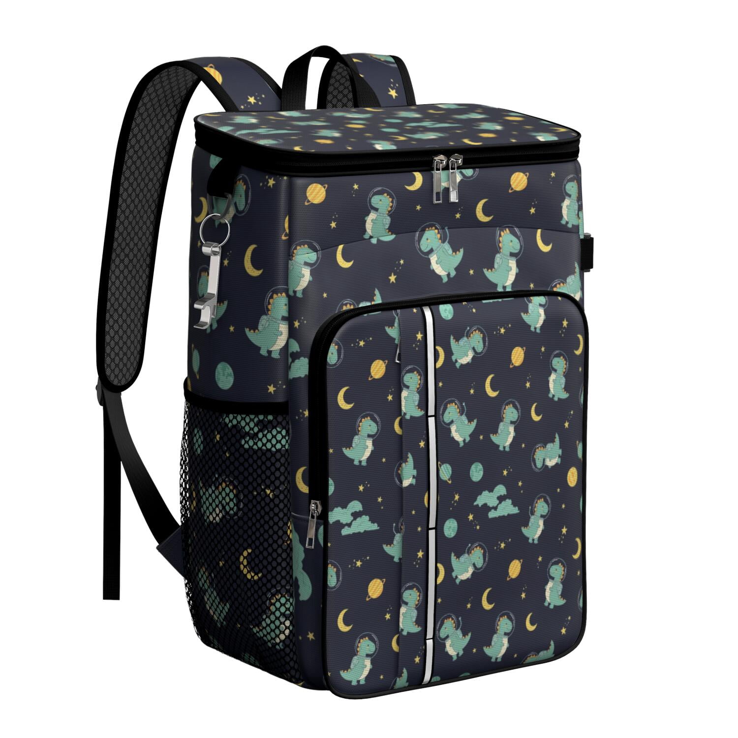 Travel Cooler Bag - Dark Blue Dinosaurs Space Pattern Camping Beer Cooler Backpack with Bottle Opener- Waterproof Insulated Picnic Backpacks - Cooler Bag for Beach