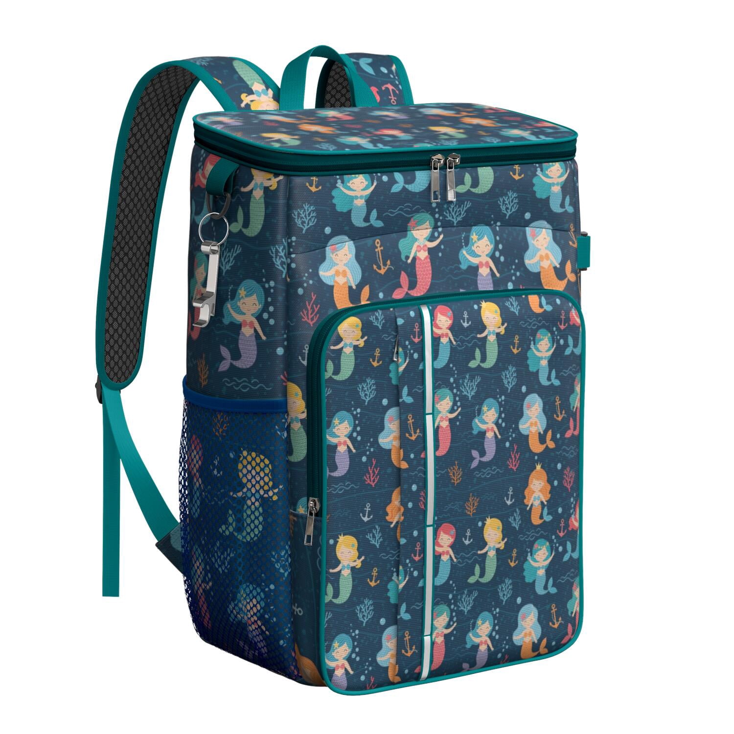 Travel Cooler Bag - Dark Blue Mermaid Pattern Camping Beer Cooler Backpack with Bottle Opener- Waterproof Insulated Picnic Backpacks - Cooler Bag for Beach