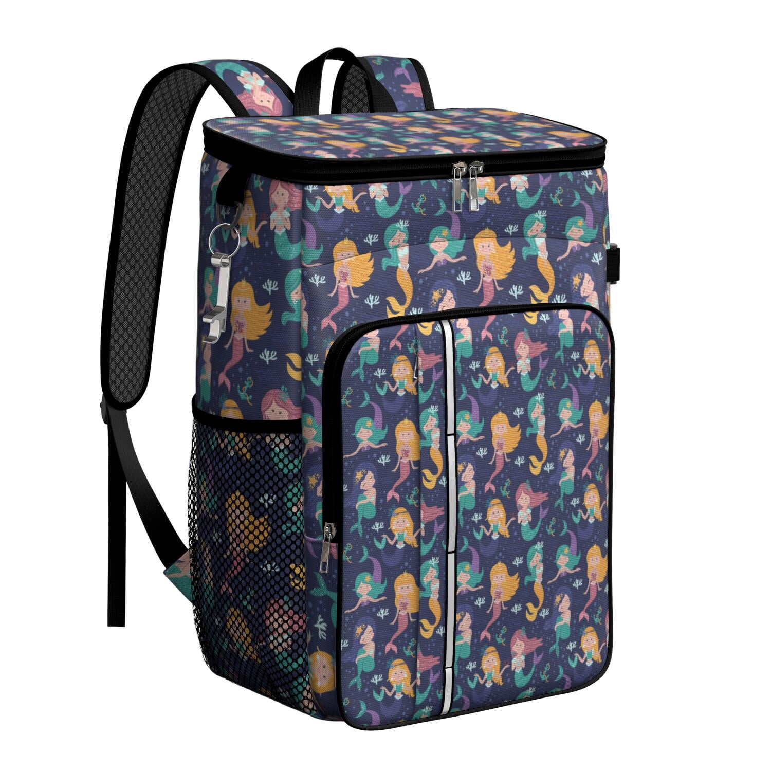 Travel Cooler Bag - Dark Blue Mermaid Princess Pattern Camping Beer Cooler Backpack with Bottle Opener- Waterproof Insulated Picnic Backpacks - Cooler Bag for Beach