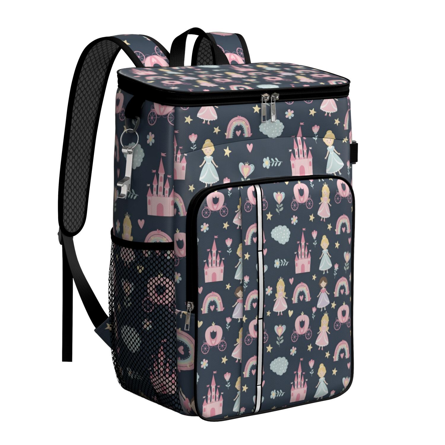 Travel Cooler Bag - Dark Blue Princess Castle Pattern Camping Beer Cooler Backpack with Bottle Opener- Waterproof Insulated Picnic Backpacks - Cooler Bag for Beach