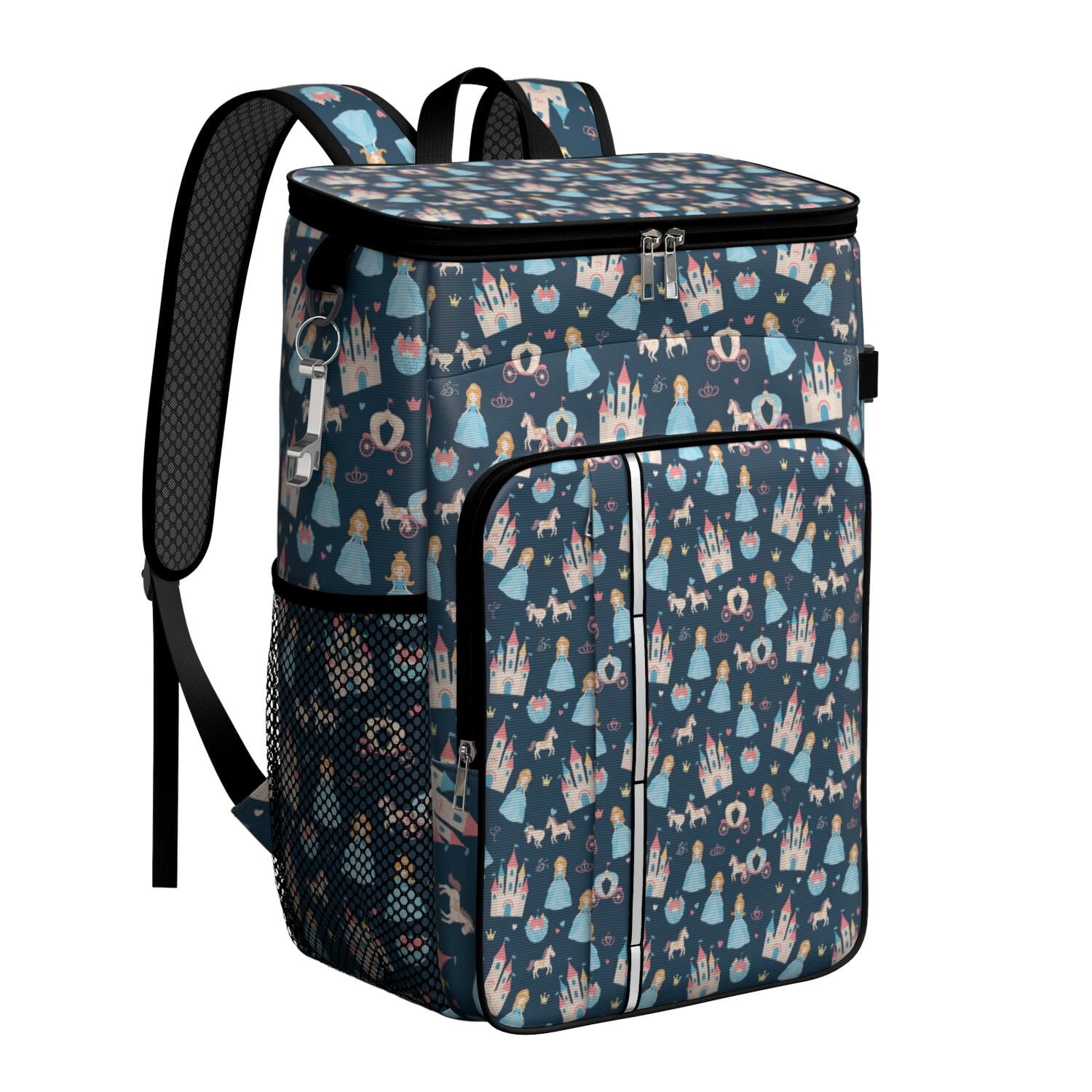 Travel Cooler Bag - Dark Blue Princess Castle Pattern Camping Beer Cooler Backpack with Bottle Opener- Waterproof Insulated Picnic Backpacks - Cooler Bag for Beach