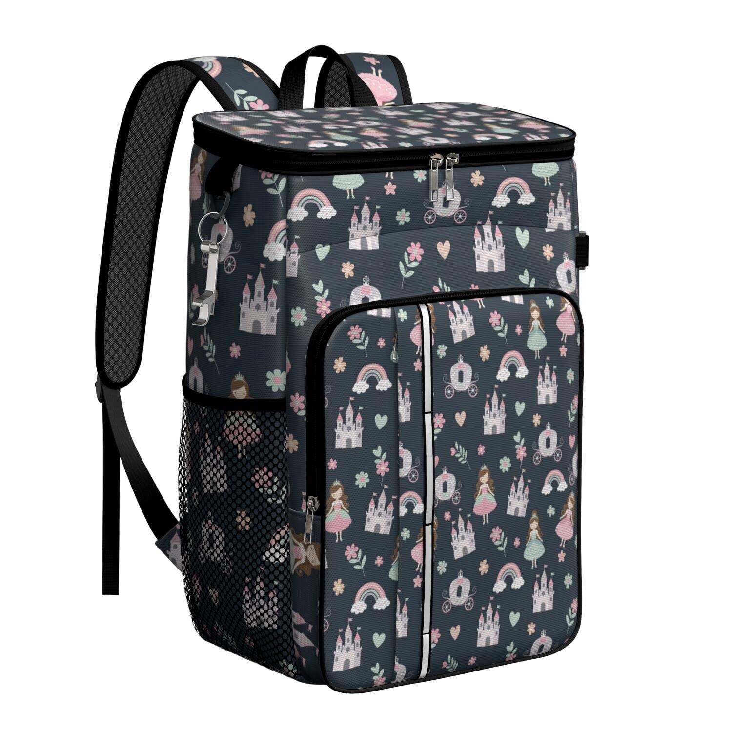 Travel Cooler Bag - Dark Blue Princess Castle Pattern Camping Beer Cooler Backpack with Bottle Opener- Waterproof Insulated Picnic Backpacks - Cooler Bag for Beach