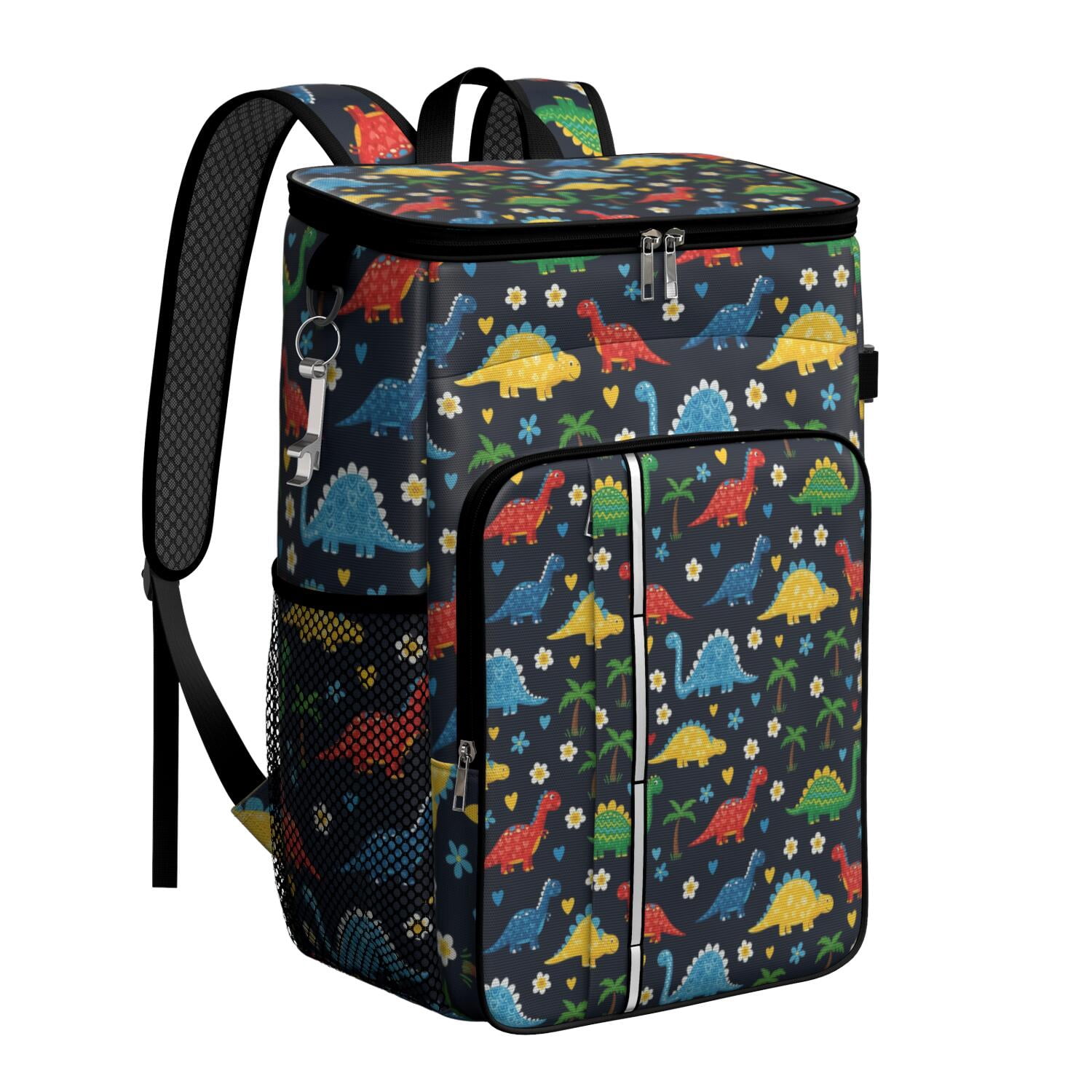 Travel Cooler Bag - Dark Cartoon Dinosaurs Flowers Hearts Palm Trees Pattern Camping Beer Cooler Backpack with Bottle Opener- Waterproof Insulated Picnic Backpacks - Cooler Bag for Beach