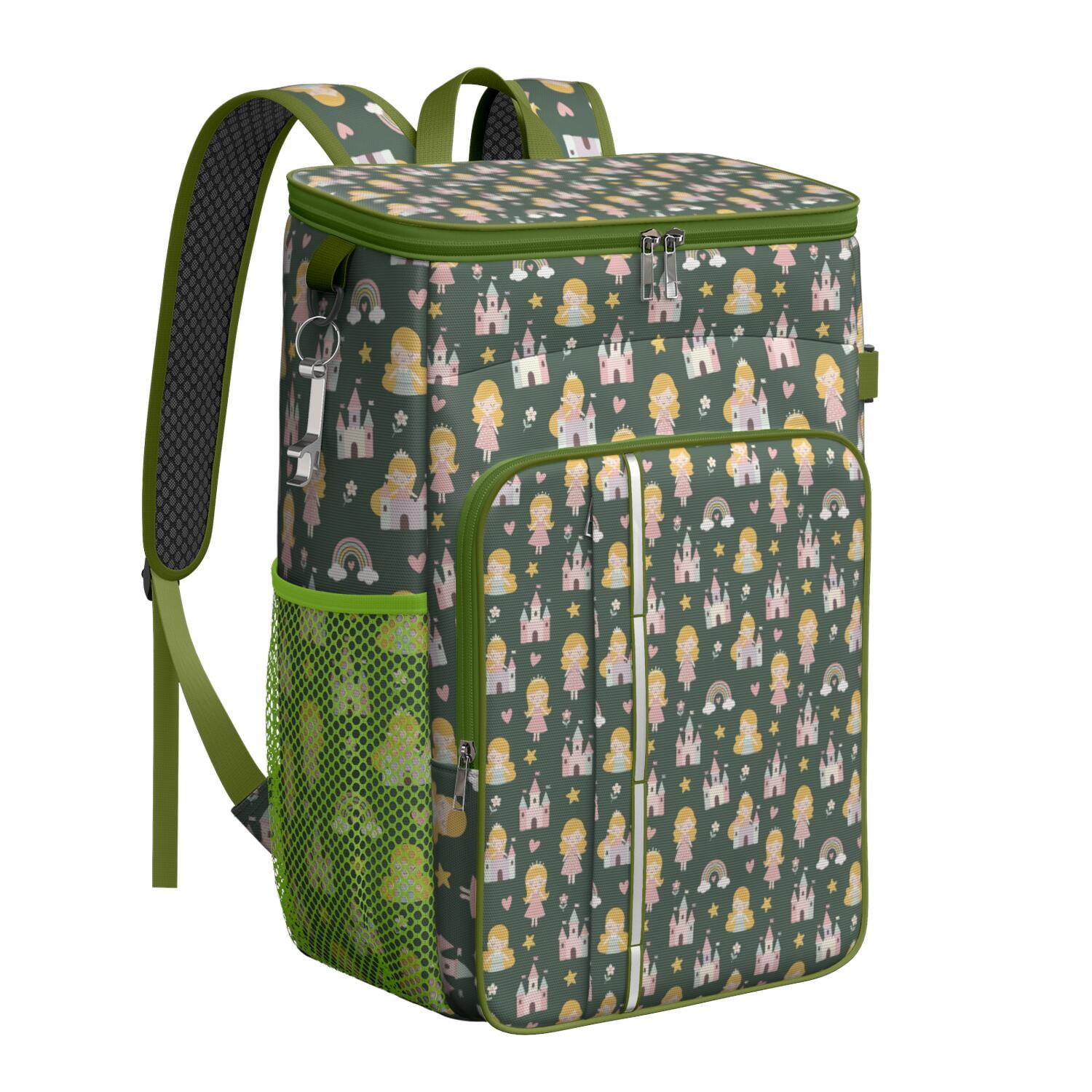 Travel Cooler Bag - Dark Green Princess Castle Pattern Camping Beer Cooler Backpack with Bottle Opener- Waterproof Insulated Picnic Backpacks - Cooler Bag for Beach
