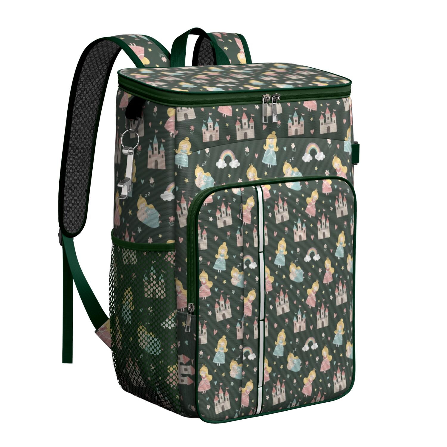 Travel Cooler Bag - Dark Green Princess Castle Rainbow Pattern Camping Beer Cooler Backpack with Bottle Opener- Waterproof Insulated Picnic Backpacks - Cooler Bag for Beach