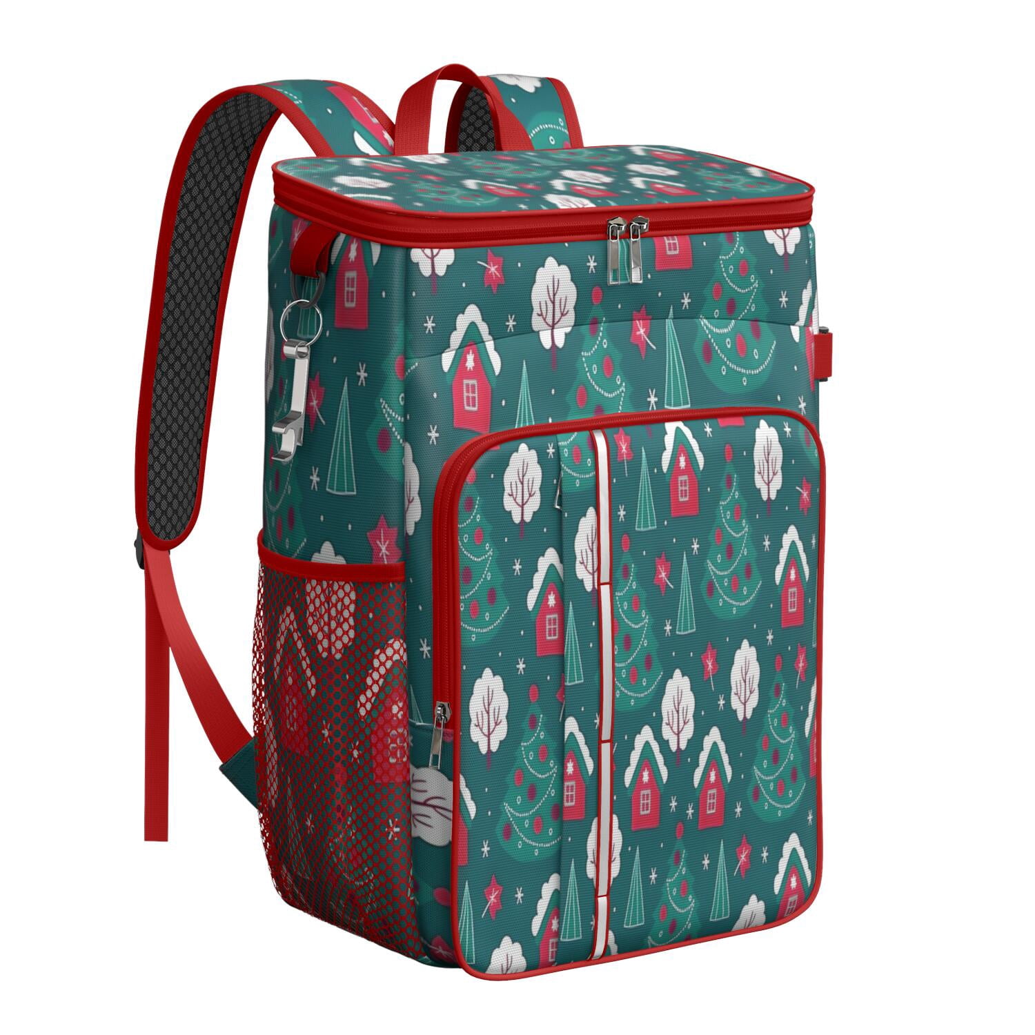 Travel Cooler Bag - Dark Teal Christmas Village Pattern Camping Beer Cooler Backpack with Bottle Opener- Waterproof Insulated Picnic Backpacks - Cooler Bag for Beach