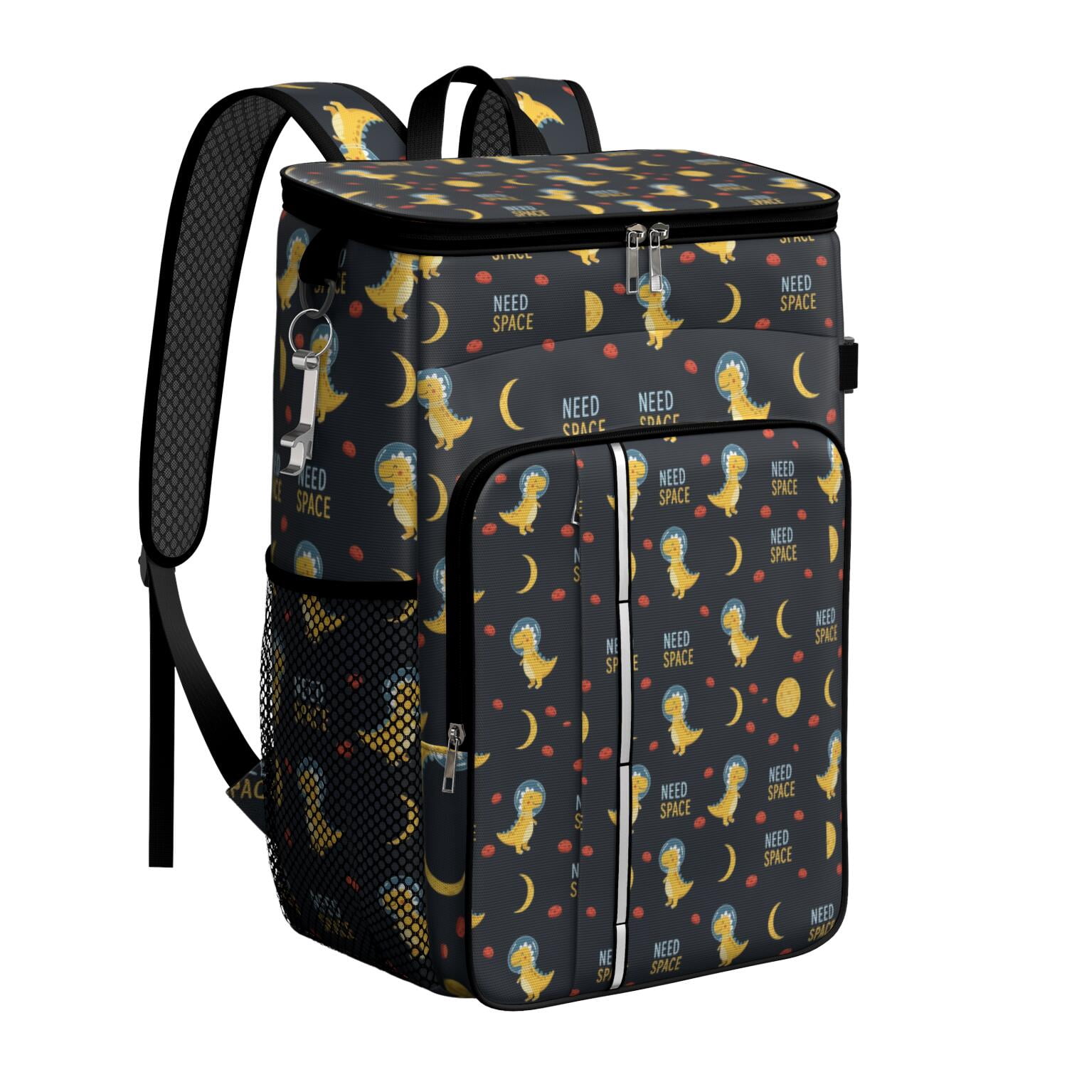 Travel Cooler Bag - DarkBlue Cartoon Dinosaurs Astronauts Pattern Camping Beer Cooler Backpack with Bottle Opener- Waterproof Insulated Picnic Backpacks - Cooler Bag for Beach