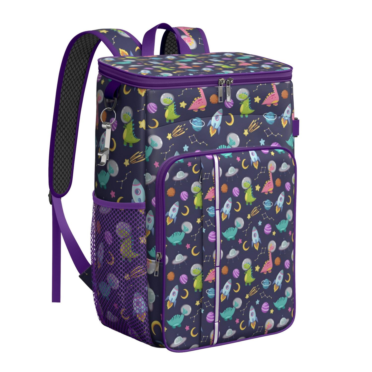 Travel Cooler Bag - DarkBlue Cartoon Dinosaurs Space Rockets Pattern Camping Beer Cooler Backpack with Bottle Opener- Waterproof Insulated Picnic Backpacks - Cooler Bag for Beach