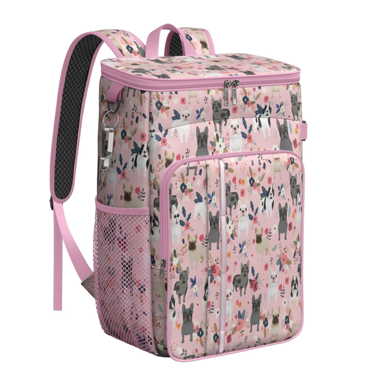 Travel Cooler Bag - French Bulldog Dog Pattern with Flowers Camping Beer Cooler Backpack with Bottle Opener- Waterproof Insulated Picnic Backpacks - Cooler Bag for Beach
