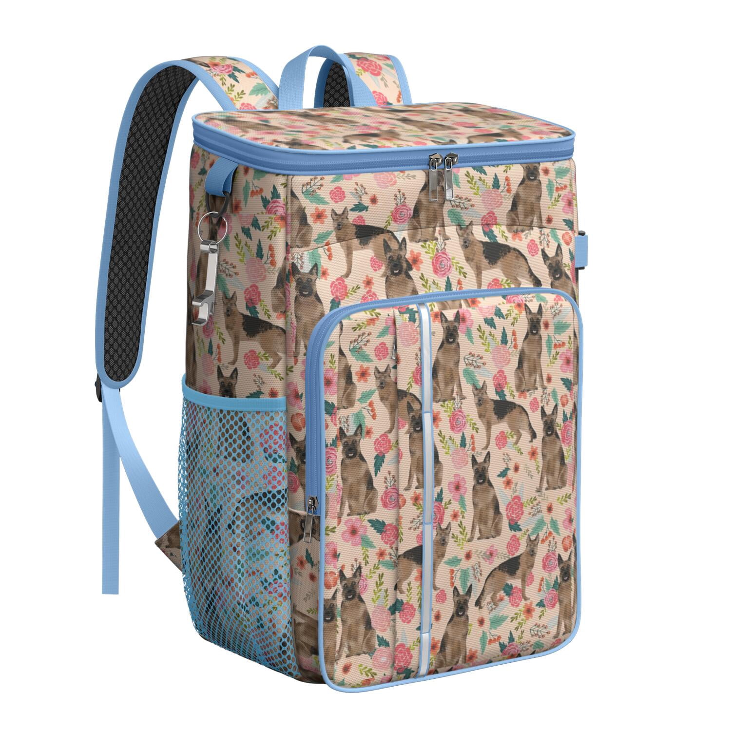 Travel Cooler Bag - German Shepherd with Flowers Camping Beer Cooler Backpack with Bottle Opener- Waterproof Insulated Picnic Backpacks - Cooler Bag for Beach