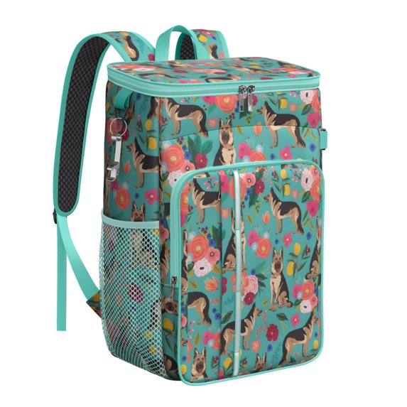 Travel Cooler Bag - German Shepherd with Flowers Camping Beer Cooler Backpack with Bottle Opener- Waterproof Insulated Picnic Backpacks - Cooler Bag for Beach