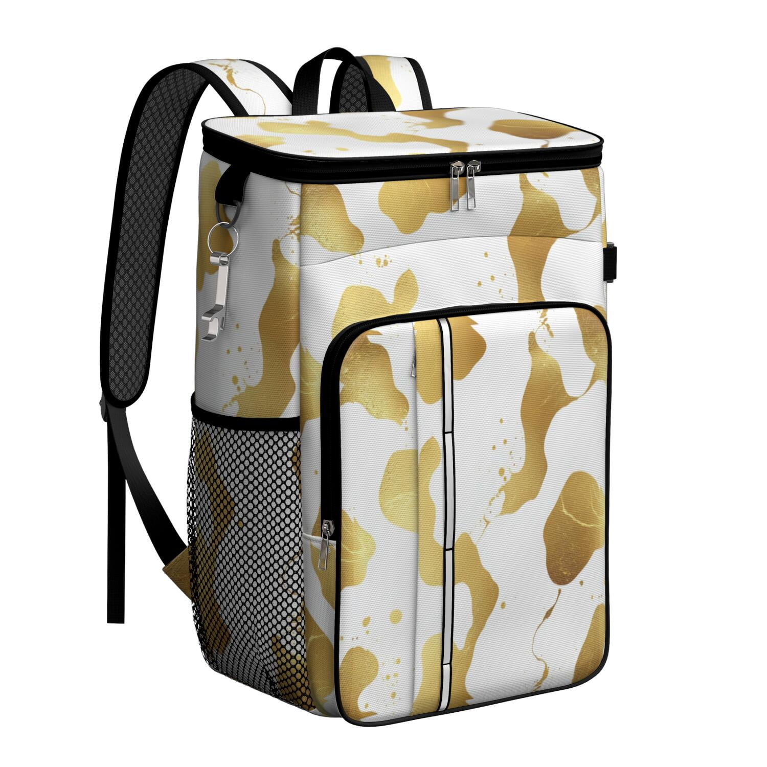 Travel Cooler Bag - Gold and White Marble Camping Beer Cooler Backpack with Bottle Opener- Waterproof Insulated Picnic Backpacks - Cooler Bag for Beach