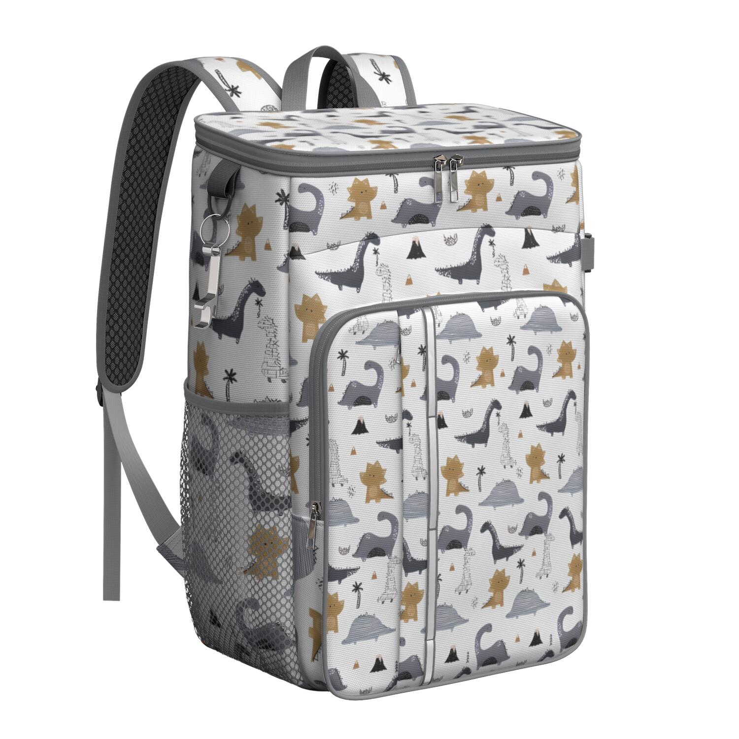 Travel Cooler Bag - Gray Brown Dinosaurs Palms Pattern Camping Beer Cooler Backpack with Bottle Opener- Waterproof Insulated Picnic Backpacks - Cooler Bag for Beach