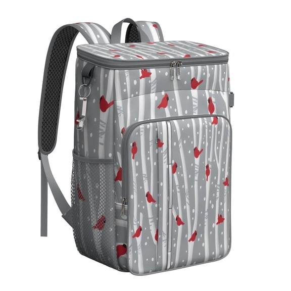 Travel Cooler Bag - Gray Christmas Cardinal Bird Pattern Camping Beer Cooler Backpack with Bottle Opener- Waterproof Insulated Picnic Backpacks - Cooler Bag for Beach