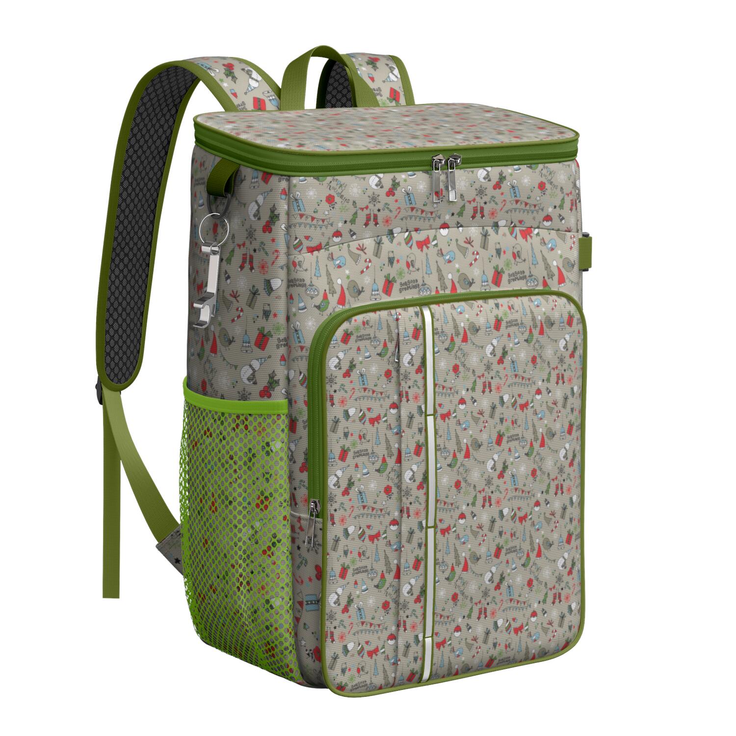 Travel Cooler Bag - Gray Christmas Icon Pattern Camping Beer Cooler Backpack with Bottle Opener- Waterproof Insulated Picnic Backpacks - Cooler Bag for Beach