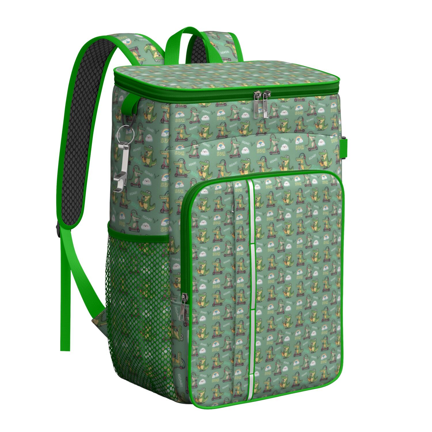 Travel Cooler Bag - Green Alligators Icons Pattern Camping Beer Cooler Backpack with Bottle Opener- Waterproof Insulated Picnic Backpacks - Cooler Bag for Beach